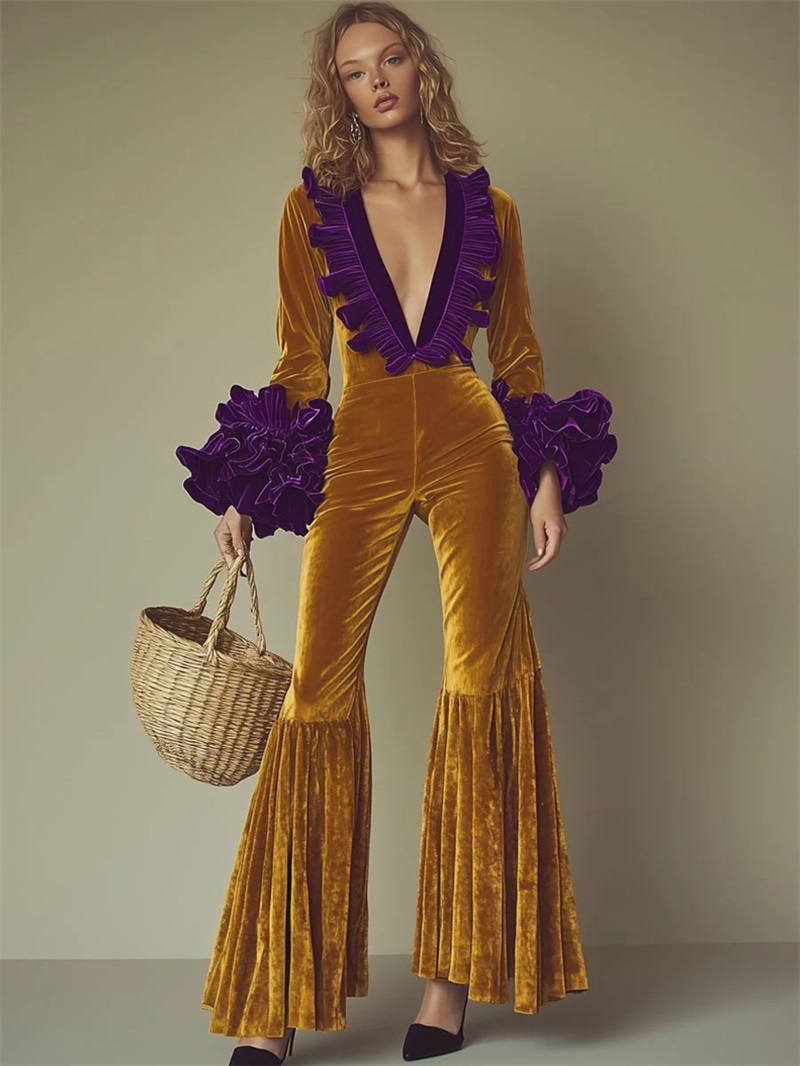 Yellow Formal Wear Women - Macacão Feminino de Veludo Amarelo e